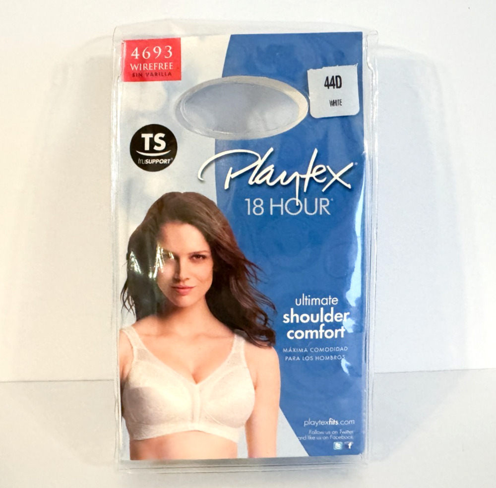 NOS Playtex 18 Hour Bra 4693 44D White Comfort Strap Wirefree New in Package